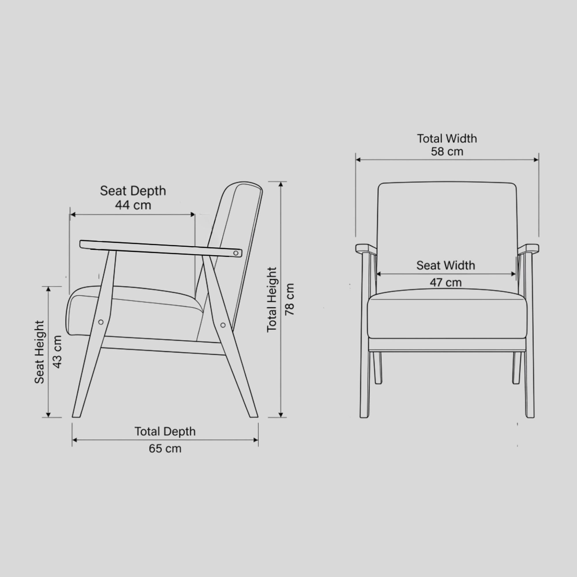The Armchair No. 1 solid oak armchair dimensions and technical drawing