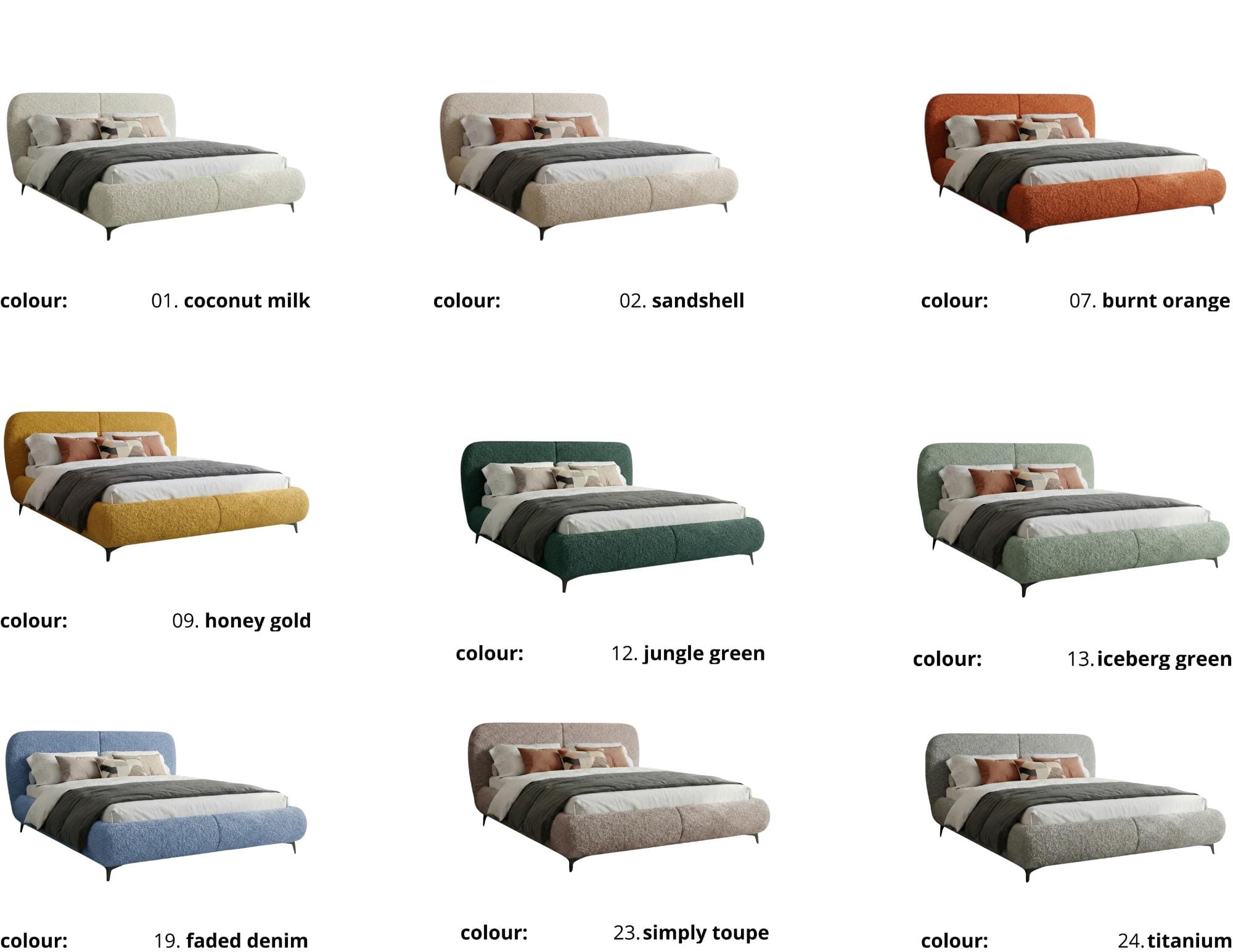 The Bed No. 2 in nine Catch Me chenille upholstery colours