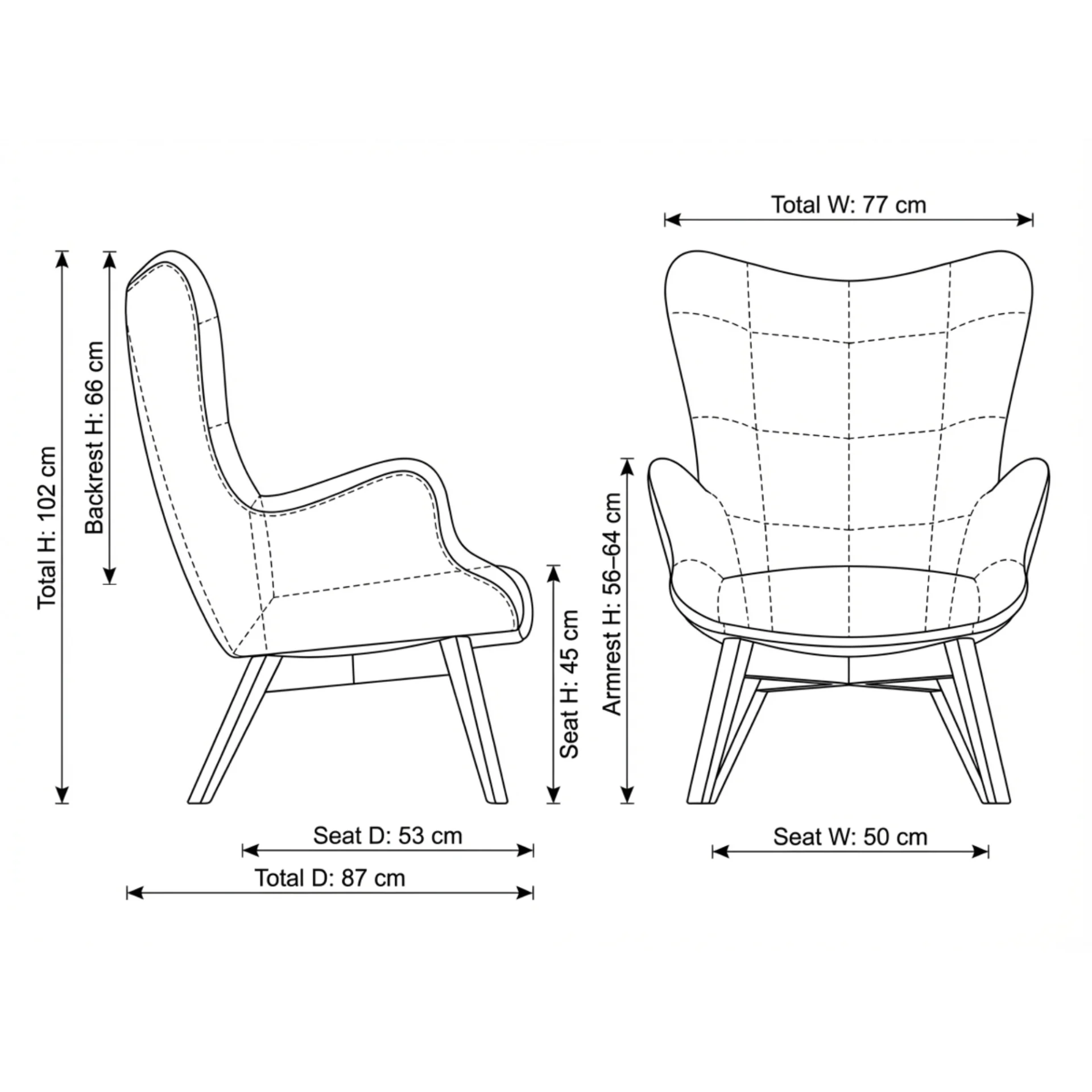 The Armchair No. 8 velvet lounge chair dimensions and technical drawing