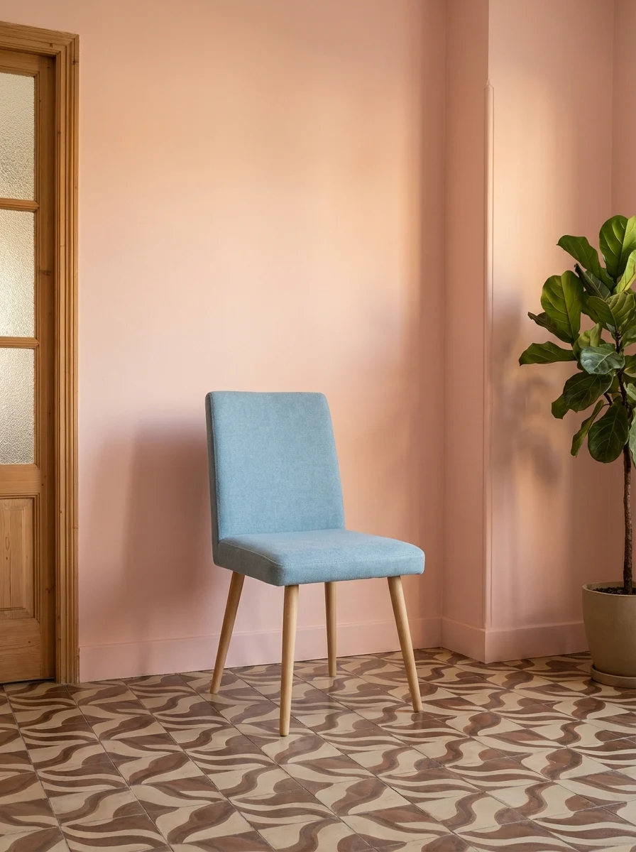 Minimalist beech chair with upholstered seat and solid turned legs