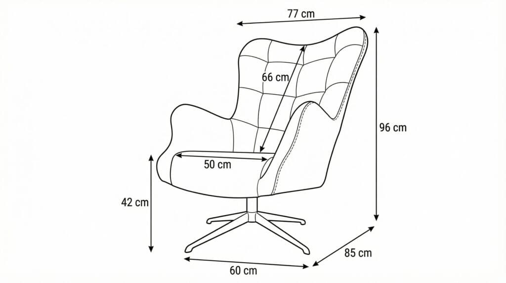 Swivel armchair No. 81 dimensions diagram: width 77 cm, depth 85 cm, height 96 cm, seat height 42 cm