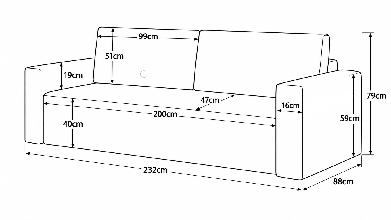 The Couch No. 1 dimensional drawing, sleeping area 200 x 135 cm